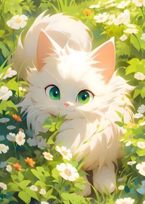 Adorable White Kitten in a Field of Flowers - Premium Wooden Framed Poster. Ready to Hang.