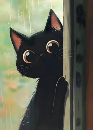Rainy Day Black Cat - Premium Wooden Framed Poster. Ready to Hang.