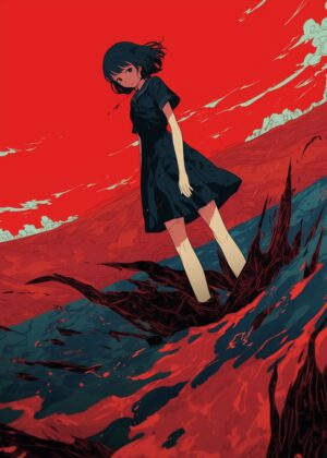 Anime Girl in Crimson Tide: Digital Art Print - Premium Wooden Framed Poster. Ready to Hang.