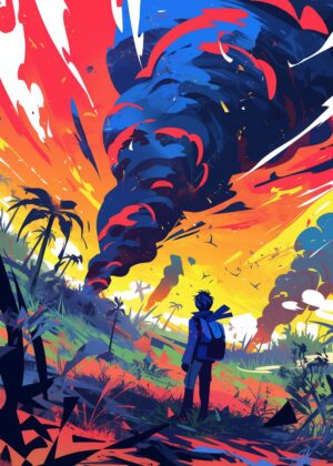 Man Facing Storm: A Vibrant Digital Artwork - Premium Wooden Framed Poster. Ready to Hang.