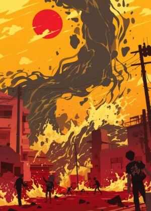 Apocalyptic Cityscape: Fiery Destruction and Resilience - Premium Wooden Framed Poster. Ready to Hang.