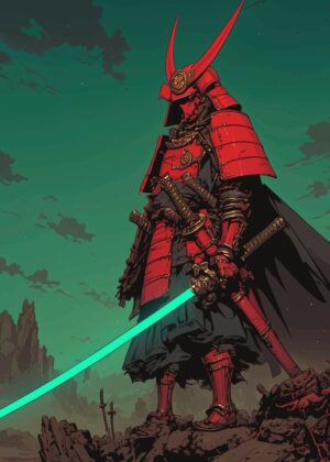 Red Samurai: A Cyberpunk Fusion of Tradition and Technology - Premium Wooden Framed Poster. Ready to Hang.