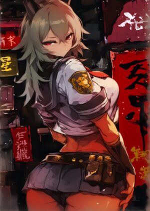 Anime Girl with Red Eyes: Fiery Spirit in Urban Night - Premium Wooden Framed Poster. Ready to Hang.