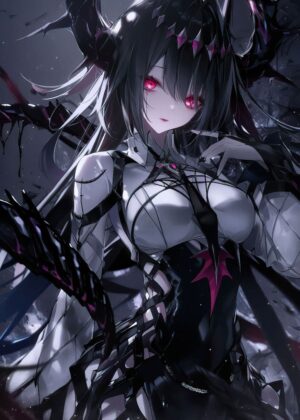 Dark Anime Girl with Horns: Gothic Fantasy Art Print - Premium Wooden Framed Poster. Ready to Hang.