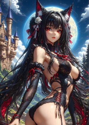 Anime Fox Girl in Black Lace: Fantasy Art Print - Premium Wooden Framed Poster. Ready to Hang.