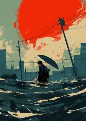 Lonely Figure in Urban Flood - Premium Wooden Framed Poster. Ready to Hang.