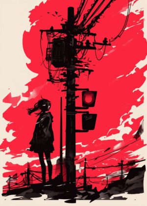Silhouette Girl Under Crimson Sky - Premium Wooden Framed Poster. Ready to Hang.