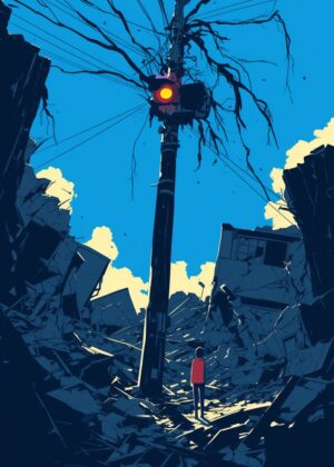 Post-Disaster Cityscape: A Moment of Reflection - Premium Wooden Framed Poster. Ready to Hang.