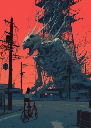 Monster in the City: A Cyberpunk Nightmare - Premium Wooden Framed Poster. Ready to Hang.