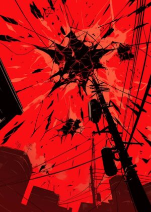 Red Sky Explosion: Urban Chaos Art Print - Premium Wooden Framed Poster. Ready to Hang.