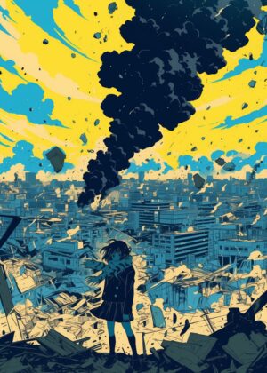 Anime Girl Amidst Urban Devastation - Premium Wooden Framed Poster. Ready to Hang.