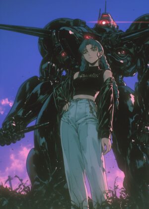 Anime Girl and Mech: Cyberpunk Art Print - Premium Wooden Framed Poster. Ready to Hang.