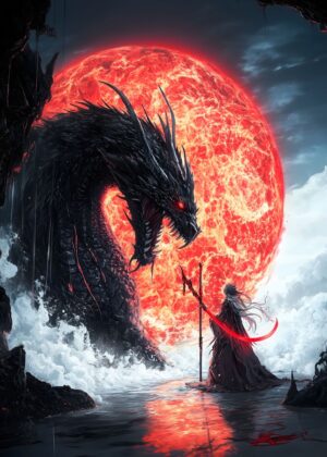 Dragon and Warrior: Confrontation Under a Crimson Sun - Premium Wooden Framed Poster. Ready to Hang.