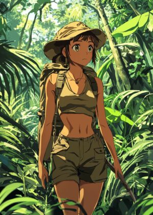 Anime Girl Exploring the Lush Jungle - Premium Wooden Framed Poster. Ready to Hang.