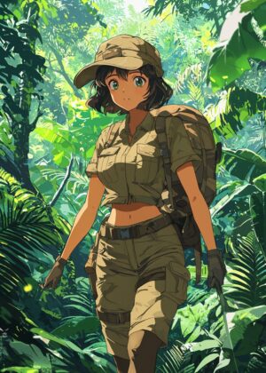 Anime Girl Adventuring in Lush Jungle - Premium Wooden Framed Poster. Ready to Hang.
