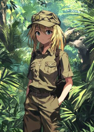 Anime Girl Exploring the Lush Jungle - Premium Wooden Framed Poster. Ready to Hang.
