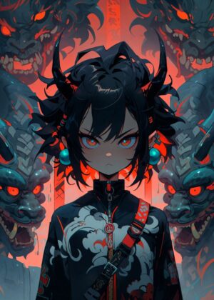 Anime Girl and Oni Masks: Dark Fantasy Art Print - Premium Wooden Framed Poster. Ready to Hang.