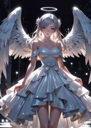 Celestial Beauty: Angelic Figure in White Gown - Premium Wooden Framed Poster. Ready to Hang.