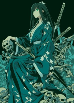Anime Samurai Woman: Teal Kimono & Skulls - Premium Wooden Framed Poster. Ready to Hang.