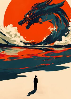 Dragon Wave: A Surreal Encounter - Premium Wooden Framed Poster. Ready to Hang.