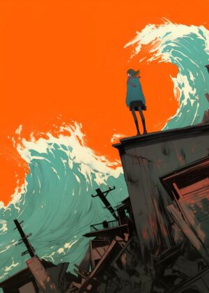 Tsunami Aftermath: A Haunting Illustration of Resilience - Premium Wooden Framed Poster. Ready to Hang.