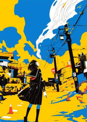 Girl in Yellow Street: Urban Anime Art Print - Premium Wooden Framed Poster. Ready to Hang.