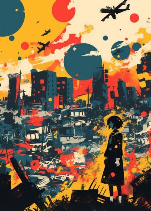 Post-Apocalyptic Cityscape: A Girl Amidst the Ruins - Premium Wooden Framed Poster. Ready to Hang.