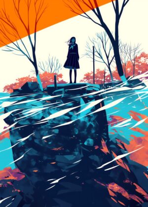 Silhouette Girl by the Water: A Melancholic Artwork - Premium Wooden Framed Poster. Ready to Hang.