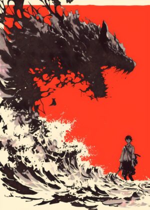 Monster Wave and Solitary Figure: Dramatic Artwork Print - Premium Wooden Framed Poster. Ready to Hang.