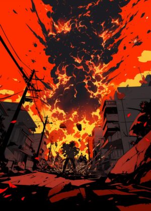 Fiery Ruin: Post-Apocalyptic Cityscape Artwork - Premium Wooden Framed Poster. Ready to Hang.