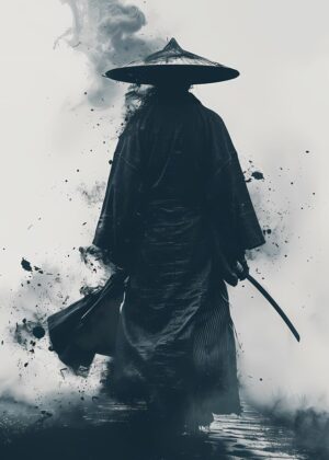 Samurai in Smoke: A Monochrome Masterpiece - Premium Wooden Framed Poster. Ready to Hang.