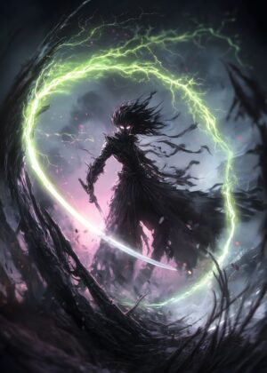 Dark Samurai Lightning Art Print - Premium Wooden Framed Poster. Ready to Hang.