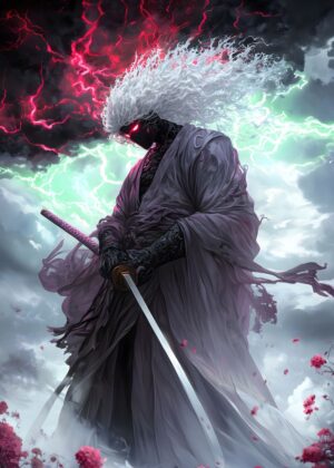 Fierce Samurai: Master of Lightning and Shadow - Premium Wooden Framed Poster. Ready to Hang.