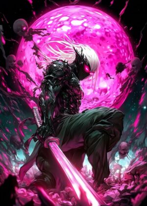Dark Warrior Under Crimson Moon - Premium Wooden Framed Poster. Ready to Hang.