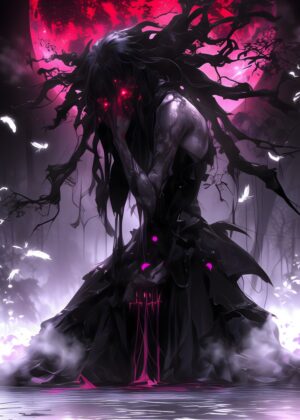 Dark Figure with Glowing Red Eyes - Premium Wooden Framed Poster. Ready to Hang.