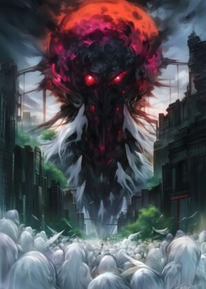 Giant Monster City Attack: A Digital Painting - Premium Wooden Framed Poster. Ready to Hang.