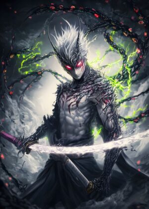 Demonic Samurai Warrior: Digital Art Print - Premium Wooden Framed Poster. Ready to Hang.