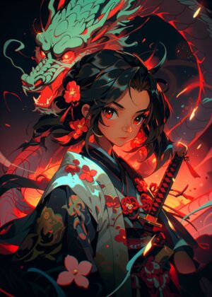 Dragon & Samurai Girl: Fierce Beauty - Premium Wooden Framed Poster. Ready to Hang.