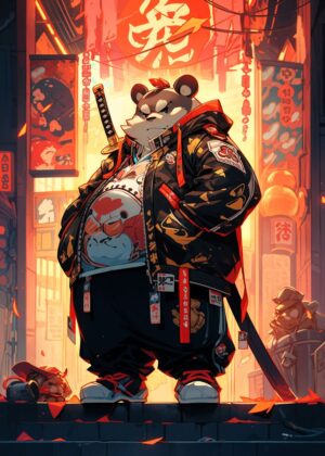 Panda Samurai Street Art: Urban Fusion of Tradition and Modernity - Premium Wooden Framed Poster. Ready to Hang.
