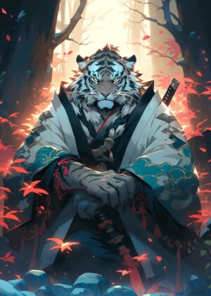 White Tiger Samurai: A Majestic Digital Artwork - Premium Wooden Framed Poster. Ready to Hang.