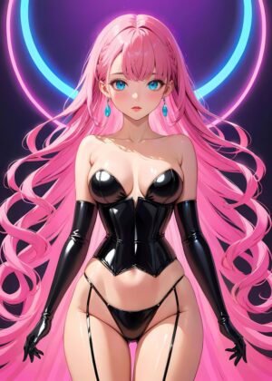 Anime Girl in Black Leather Corset: Vibrant Pink Hair and Neon Lights - Premium Wooden Framed Poster. Ready to Hang.