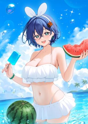 Anime Girl Summer Beach Scene - Premium Wooden Framed Poster. Ready to Hang.