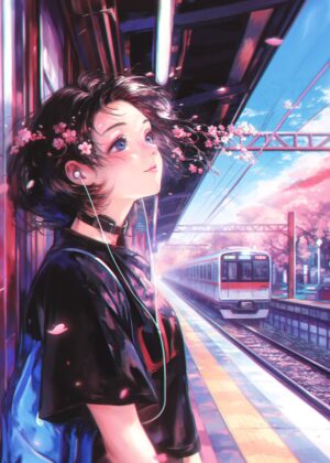 Anime Girl Waiting at the Train Station - Premium Wooden Framed Poster. Ready to Hang.