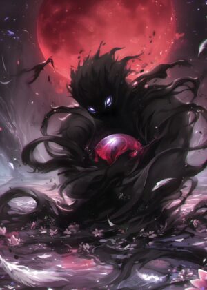 Dark Figure Holding Orb Under Blood Moon - Premium Wooden Framed Poster. Ready to Hang.