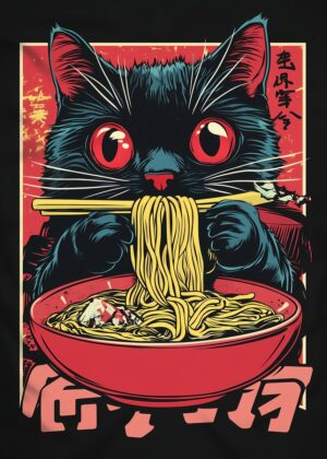 Cute Ramen Cat: A Deliciously Kawaii Artwork - Premium Wooden Framed Poster. Ready to Hang.